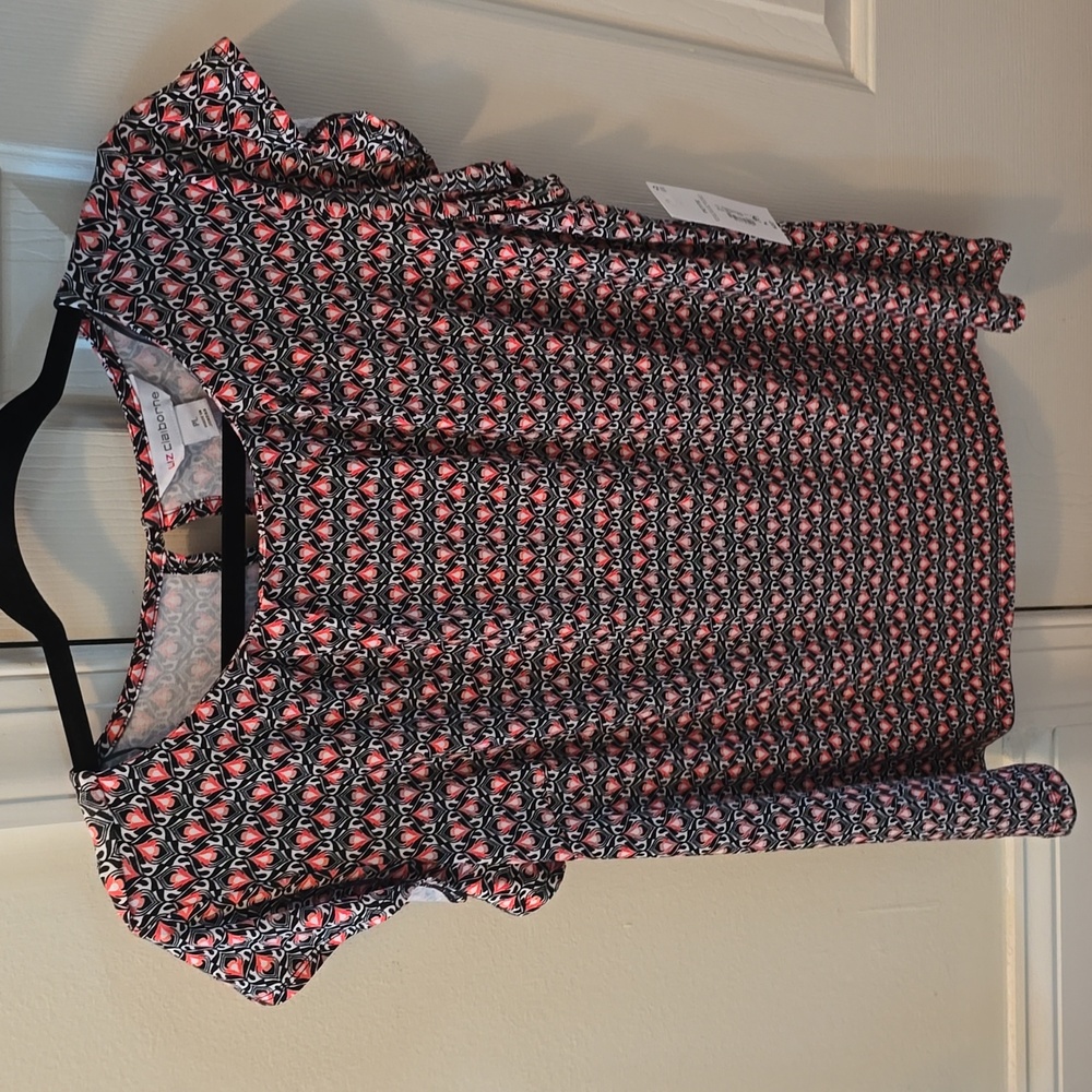LIZ CLAIBORNE WOMENS PETITE BLACK & RED FLORAL SHORT SLEEVE TOP SIZE LARGE